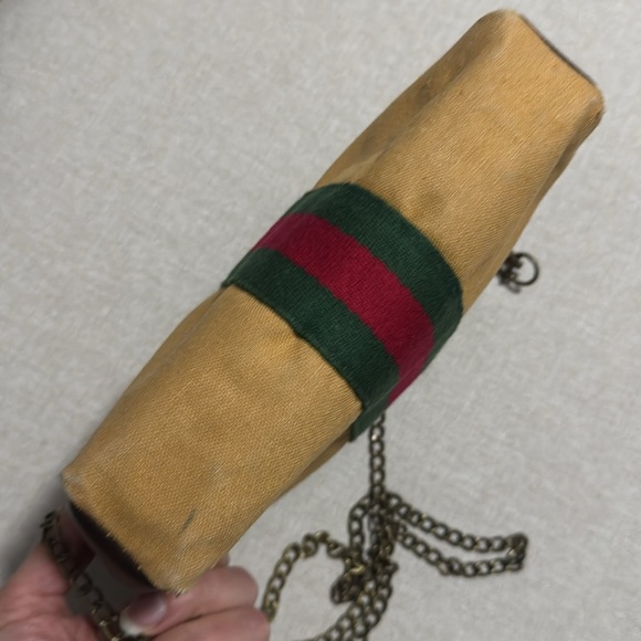 Converted Vintage Pouch-Tan Canvas-Red & Green Stripe Detail-Brassy Link Chain - Picture 12 of 17